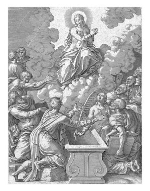 Mary 'nin varsayımı, Hieronymus Wierix, 1563 - 1573' ten önce Mary bulutların üzerinde cennete taşınır. Açık mezarının etrafında onun ruhu için dua eden havariler toplanmış..