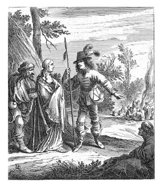 Solda Roman bir adam, Pretioze, gerçek adı Konstance, ve Don Jan kemerine bir avcı boynuzu takıyor ve elinde mızrak tutuyor..