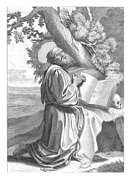Święty Franciszek Klęcząc Złożonymi Rękami Krajobrazie Przed Nim Otwarta Księga — Zdjęcie stockowe