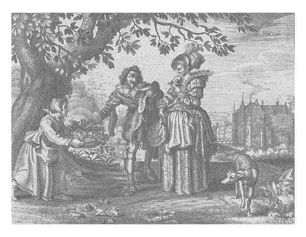 ダニエル ファン ブレムデン アドリアンPietersz後 ファン ヴェンヌ 1625年 1630年犬と一緒に外を歩く若いカップル 周囲に堀のある城を背景に — ストック写真