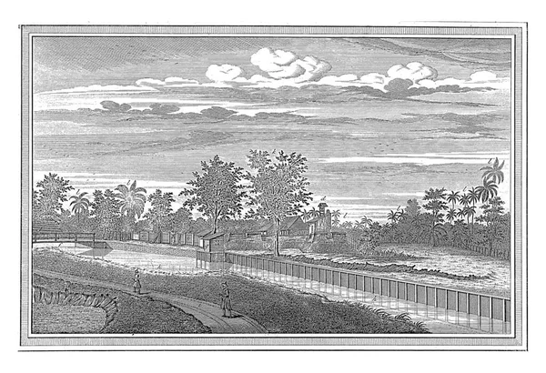 時計塔がある背景にNoordwijk ノルトヴィーク 要塞を持つ田舎道の眺め ノードウィク砦はジャカルタにあった — ストック写真