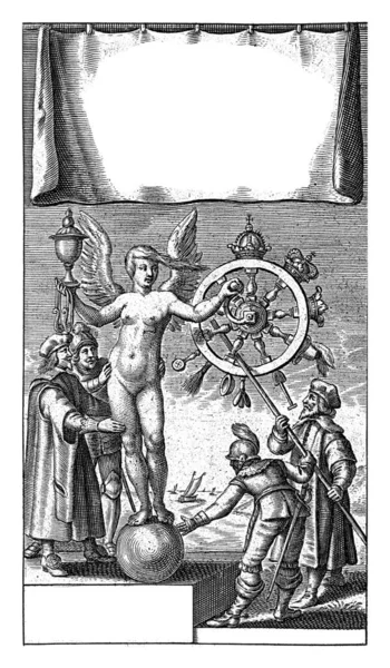 赤裸裸的福图纳站在一个地球仪上 右手举着一个花瓶 左手拿着一个小花瓶 转动着命运之轮 — 图库照片