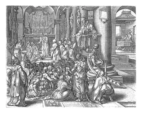 今日必要なパンをくれ ヨハネス ヴィエリックス マルテン ファン ヘムスケルク 1569年 1573年の後 男性と女性が教会の床に座り 祭司からの説教を聞く — ストック写真