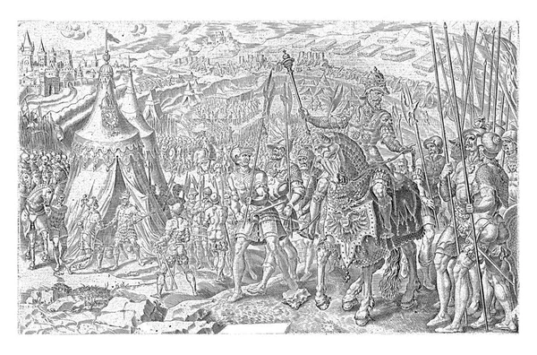 查理五世皇帝在英戈尔施塔特 1546年 视察他的军队 并鼓励他们 在幕后 布伦伯爵和他的军队到达查理五世的帐篷 — 图库照片