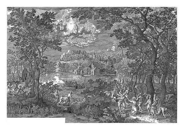 与圣史提芬烈士国的景观 Botius Adamsz 1590 1633年 在吉勒 科宁索 博尔斯韦特与圣 斯蒂芬的殉道者一起被追捕他的暴民用石块砸死 — 图库照片
