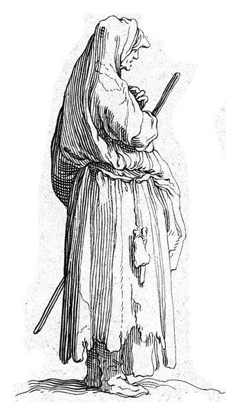 アブラハム ブルーメアートの後の1635年から1669年にかけての古い農民の女性フレデリック ブロメアートは 腰の周りに棒とお金の袋で横に描かれた老婦人 — ストック写真