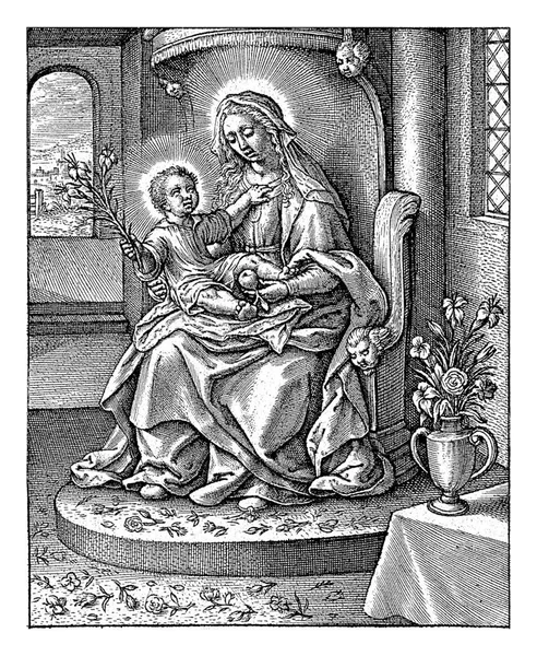 マリアとキリストの子ヒエロニムス ウィリクス1563年 1619年 マリアは部屋の玉座に座り 梨を手に持っていた キリストの子は彼女の膝の上に座りユリを抱いて — ストック写真