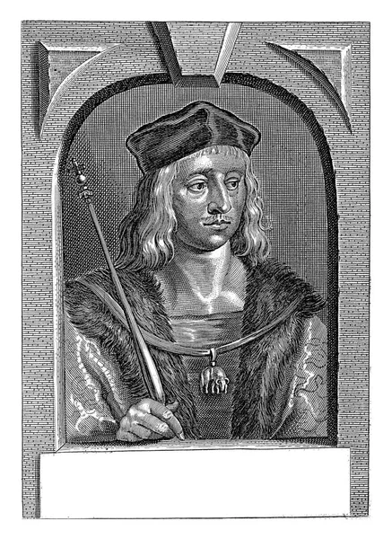 ハプスブルク家のマクシミリアン1世の肖像 彼は黄金のフリースの騎士団とリボンをつけている 彼の肖像画の下のフレームでラテン語で3行のキャプション — ストック写真