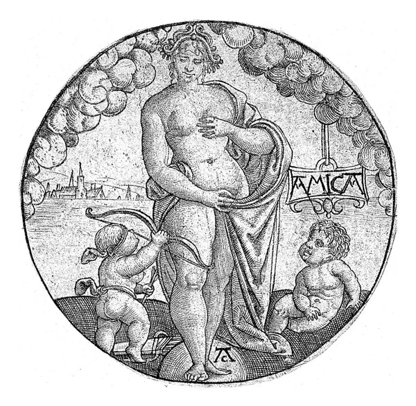Venus Und Amor Mit Pfeil Und Bogen Und Putto Text — Stockfoto