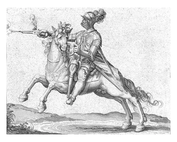 Een Gepantserde Man Paard Rijdt Naar Links Schiet Met Het — Stockfoto