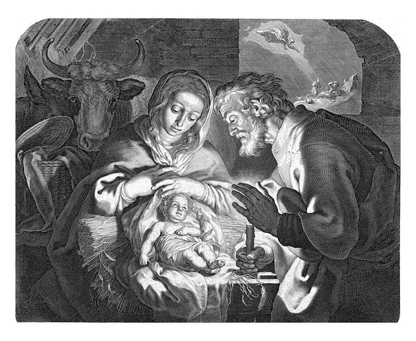 Świętej Rodziny Maryja Józef Czczą Dziecko Przy Świetle Świecy Którą — Zdjęcie stockowe
