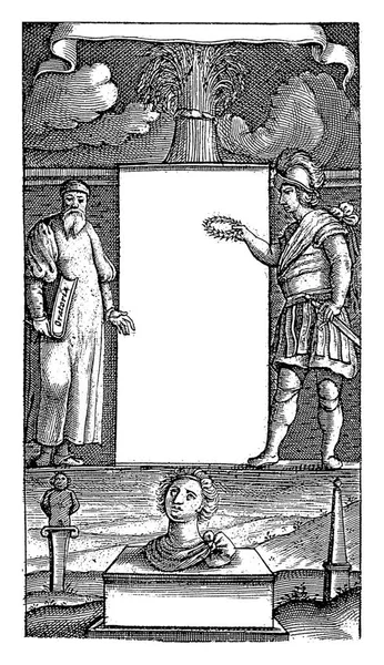在标题的中间 左边是一个拿着书的老人 右边是一个拿着月桂花环的身穿盔甲的人 — 图库照片