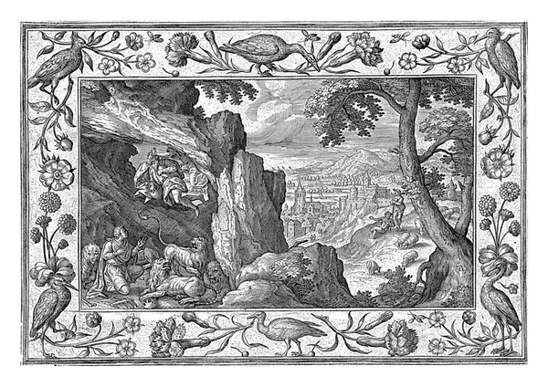 Hill Landscape Foreground Cave Lions Daniel Middle Scene Shown Prophet — Stock Photo, Image