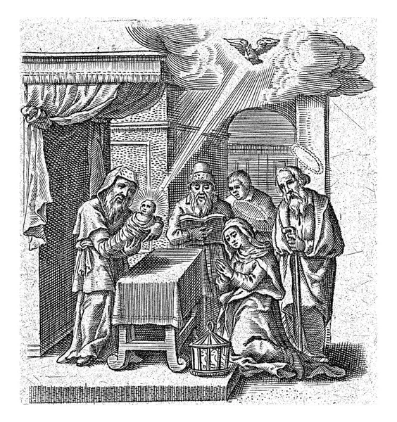 耶稣与马利亚和约瑟在圣殿里 乔安娜斯 约在1626年 约在1676年 马利亚和约瑟带着他们的儿子来到圣殿 西门把基督的孩子抱在圣坛上 — 图库照片