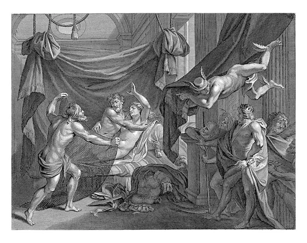 金星和火星赤身裸体躺在床上 被Vulcan用铁网捕获 墨丘利拉开帷幕 让其他的神看着这两个奸夫 — 图库照片