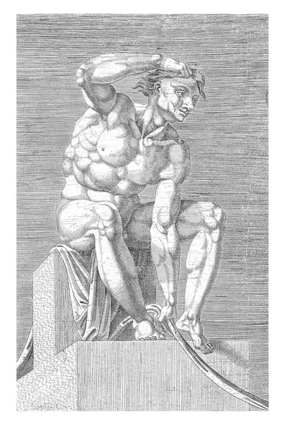 正面から見た裸の若い男が座っていた ロープを持ってる システィーナ礼拝堂のミケランジェロの裸体が描かれた20点の版画から — ストック写真