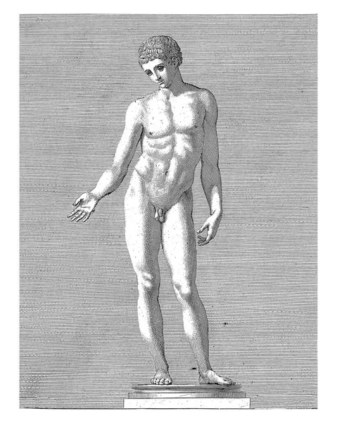 Ένα Αρχαίο Γλυπτό Ενός Γυμνού Άνδρα Τίτλος Στο Κάτω Περιθώριο — Φωτογραφία Αρχείου