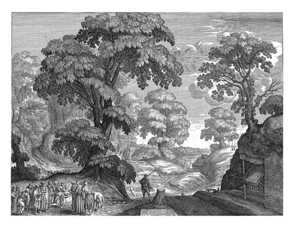 Лісистий Горбистий Пейзаж Христом Передньому Плані Зліва Торкаючись Очей Одного — стокове фото