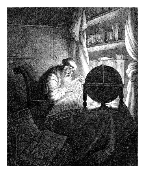 In an interior, an old man with glasses reads by the light of a candle, which is hidden behind a globe.