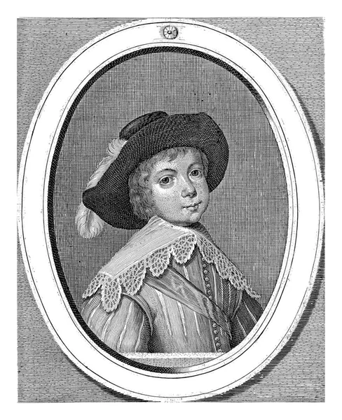 男の子としてチャールズ2世の肖像画 楕円形のフレームに帽子でバスト ラテン語と英語の下の余白に — ストック写真