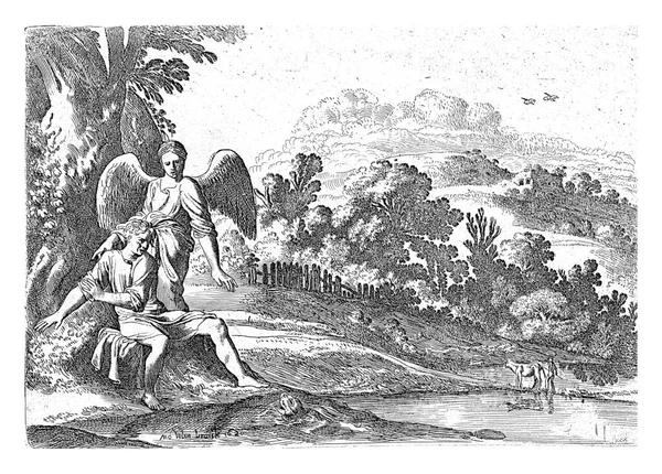 托比亚斯坐在水边 看到水里的鱼就后退 天使在他身后 右下角编号Ii — 图库照片