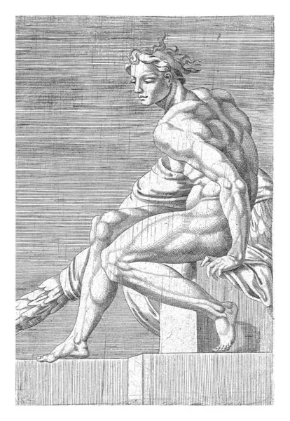 左側のプロフィールでは 裸の若い男が座っていた システィーナ礼拝堂のミケランジェロの裸体が描かれた20点の版画から — ストック写真