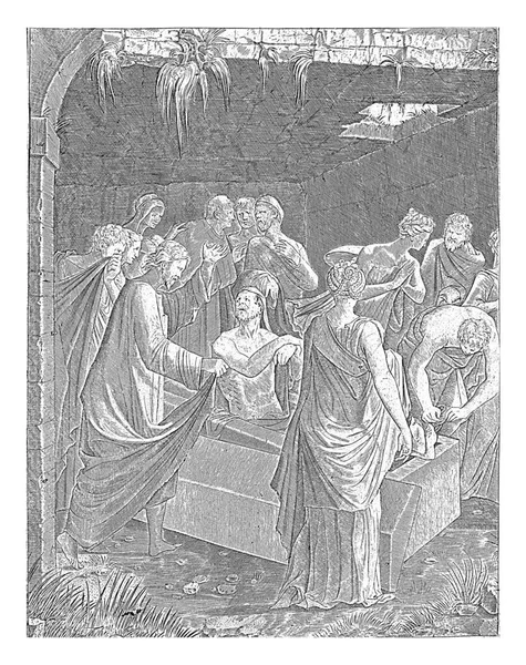 Christ Stands Open Tomb Lazarus Raises Him Dead Men Women — Stock Photo, Image