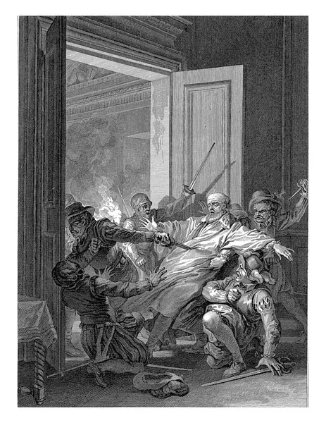 士兵们冲进一个房间 其中一个人面无表情 用剑刺了胡格诺将军加斯帕 科利尼的身体 — 图库照片