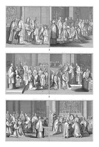 ローマ カトリック教会における三つの高次 ベルナール ピカート 1722年ローマ カトリック教会における執事 祭司の6人の聖職者の叙階 — ストック写真