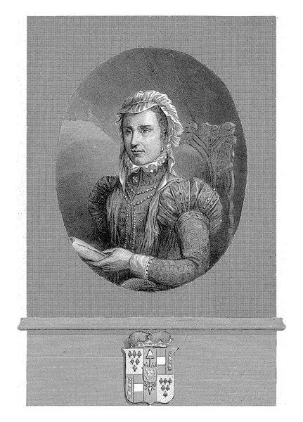 荷兰摄政帕尔马的玛格丽特的肖像半身像 头朝左 呈椭圆形 她左手拿着一卷纸 边缘是家族的纹章 — 图库照片