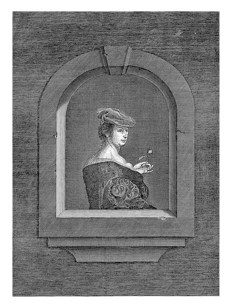 匿名で急落ネックラインとベレー帽とドレスを持つ女性は フランスのファンミアリス 1600 1800の後に ウィンドウの後ろに立って ベレー帽と急落ネックラインとドレスを持つ女性 — ストック写真