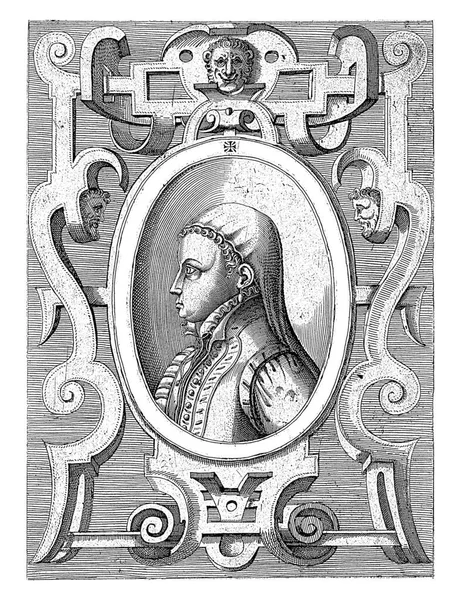 一幅帕尔马的玛格丽特的画像 镶嵌在一个椭圆形的区域内 周围环绕着服饰主义的装饰图案 — 图库照片