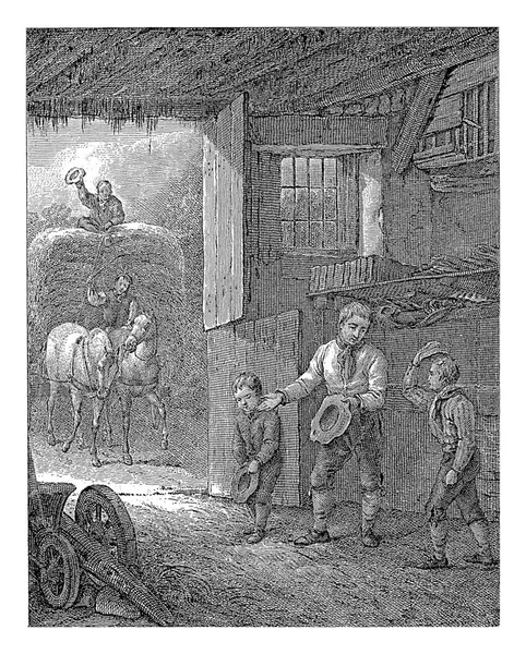 由两匹马牵着的海温走近谷仓 仆人们在那儿等着 约翰内斯 克里斯蒂安 本多尔普 Johannes Christiaan Bendorp 在1776 1847年完成了对Reinier — 图库照片