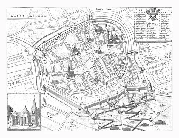 1594年围城期间的格罗宁根市地图 1681年在1594年毛里埃的围城期间的格罗宁根鸟瞰图 — 图库照片