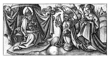 Baba iki meleğin taşıdığı bir gölgelik altında tahta çıktı. İsa, tutku aletleriyle topun üzerine diz çöküyor. Arkasında tutku çiçekleri olan bir aziz.