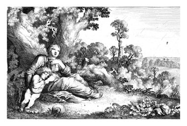 Hagar kalın bir ağacın dibinde dinleniyor. İsmail ona yaslanıyor..