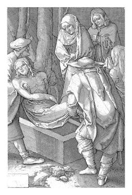 Cenaze, Jan Harmensz. Müller, Lucas van Leyden 'den sonra, 1613 - 1622 Arimatea ve Nicodemus' lu Joseph İsa 'nın cesedini mezara taşıdı. Arka planda Mary, John ve Mary Magdalene var..