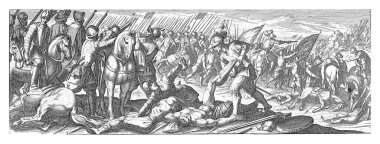 Savaş sahnesi. Ganimetlerini ölü düşmanlardan alan ön plandaki askerler. Arka planda hala savaş devam ediyor..