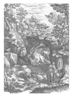 Girolamo Muziano 'dan sonra, Cornelis Cort, Tövbekâr Mary Magdalene ile manzara, 1774' te Aziz Mary Magdalene vadisindeki bir haçın önünde dua ederken..
