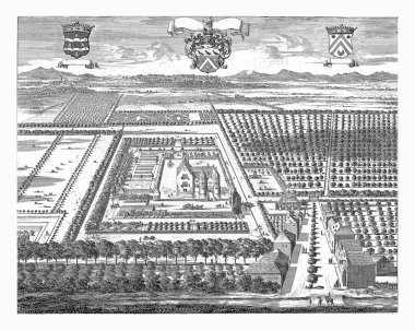 Popkensburg Şatosu manzarası, Jan Luyken, 1696 Walcheren 'daki Sint Laurens' daki Popkensburg Kalesi 'nin kuş bakışı görüntüsü. Kalenin ortasında, bahçeler ve bahçeler..