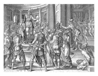 Tapınaktaki kürsüde, başrahip Kral Joash 'ı kraliyet muhafızlarına takdim eder. Adamlar krala bağlılık yemini ettiler. Kenar boşluğunda Latince performans hakkında bir mısra var..