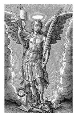 Başmelek Michael, Hieronymus Wierix, 1563 - 1619 'dan önce Başmelek Michael ejderhayı zapt eder. Elinde bir haç asası, bir bayrak ve bir palmiye dalı tutuyor..