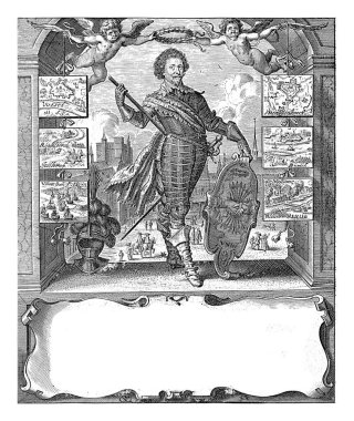 Frederik Hendrik 'in portresi, Orange Prensi, Crispijn van den Queborn (1630), Frederik Hendrik' in portresi. Sağ elinde bir komuta personeli, sol elinde ise arması..