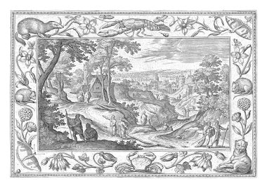 Yolu olan bir manzara. Manzara havarilerinin farklı yerlerinde, İsa 'nın mesajını iletmek için çiftler halinde seyahat ediyorlar. Baskıda çiçekler, kelebekler ve hayvanlarla süslenmiş bir çerçeve var..