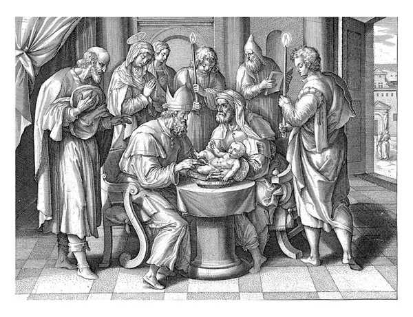 Священник Обрезал Младенца Христа Мария Иосиф Смотрят — стоковое фото
