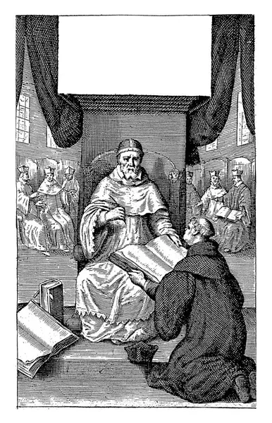 おそらく作家アルノルドゥス コルヴィヌスのひざまずいて男は 王位に座って教皇に本を提示します — ストック写真