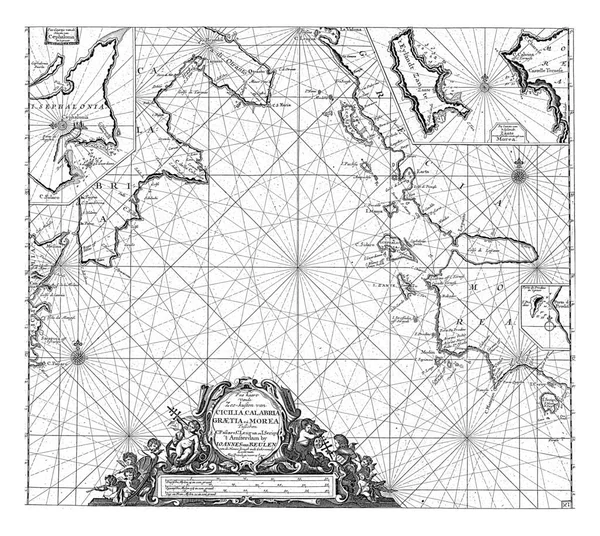 イタリアとシチリア島の南海岸とギリシャの西海岸の一部と地中海の一部の航海図 3枚のインセットカードと4つのコンパスバラ — ストック写真