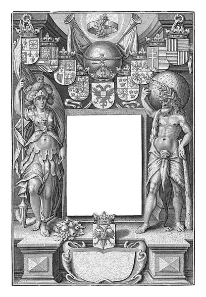 Cartouche Title Flanked Hercules Celestial Globe Minerva Coats Arms Globe — Stock Photo, Image