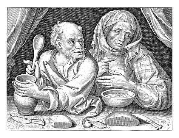男と女がテーブルに座ってお粥を食べている 一番下のドイツ語の詩は 栄養価の高いお粥を食べることをほのめかしています — ストック写真