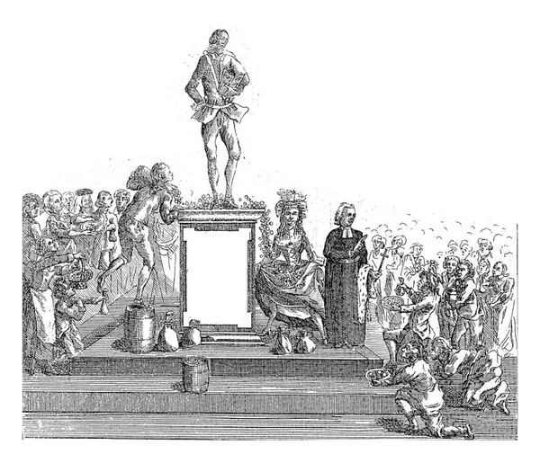 比利时人把他们的钱带到范德诺特 1787 1800卡通 比利时人民把他们的钱倒在祭坛上与范德诺特雕像 — 图库照片